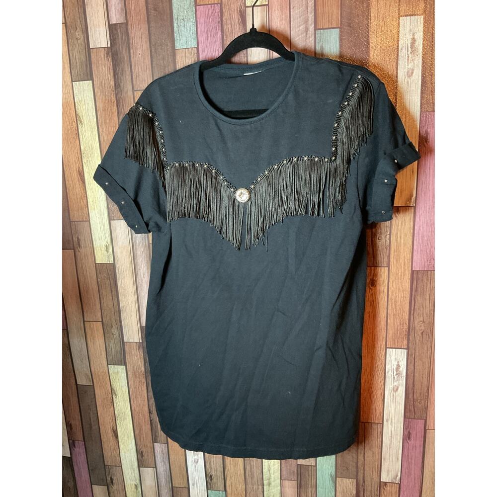 Vintage Black Western Shirt Western Fringe Silver Studs Silver Pin Size Medium